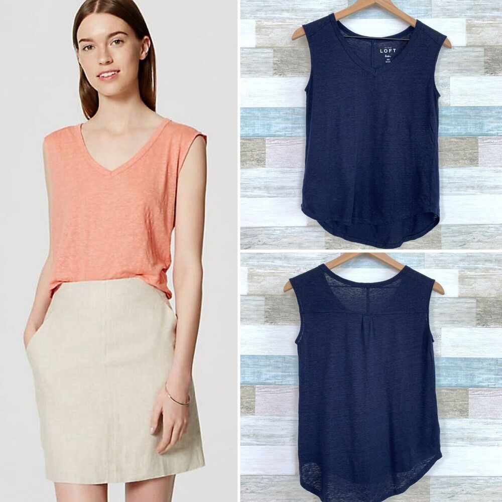 LOFT Linen Tank Top Blue V Neck High Low Curved Hem Basic Casual Womens XXS